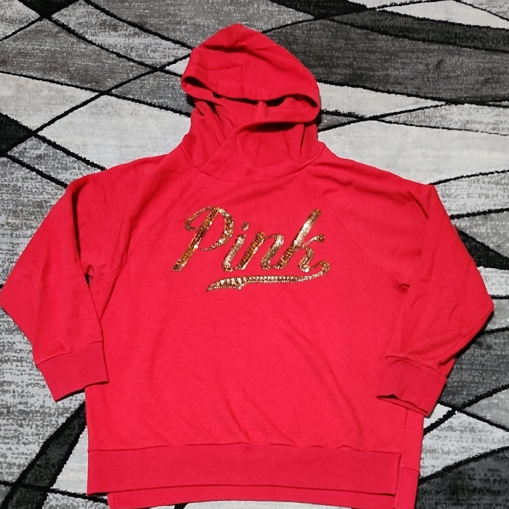 VS PINK 2019 RED & GOLD SEQUINS FUNNEL-NECK DROP-TAIL HOODIE SWEATSHIRT